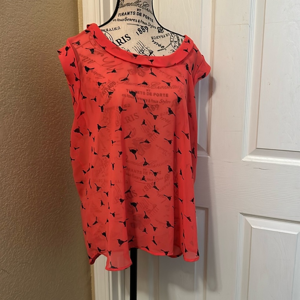 Plane Sheer coral sleeveless blouse XL with navy bird print - Picture 1 of 6
